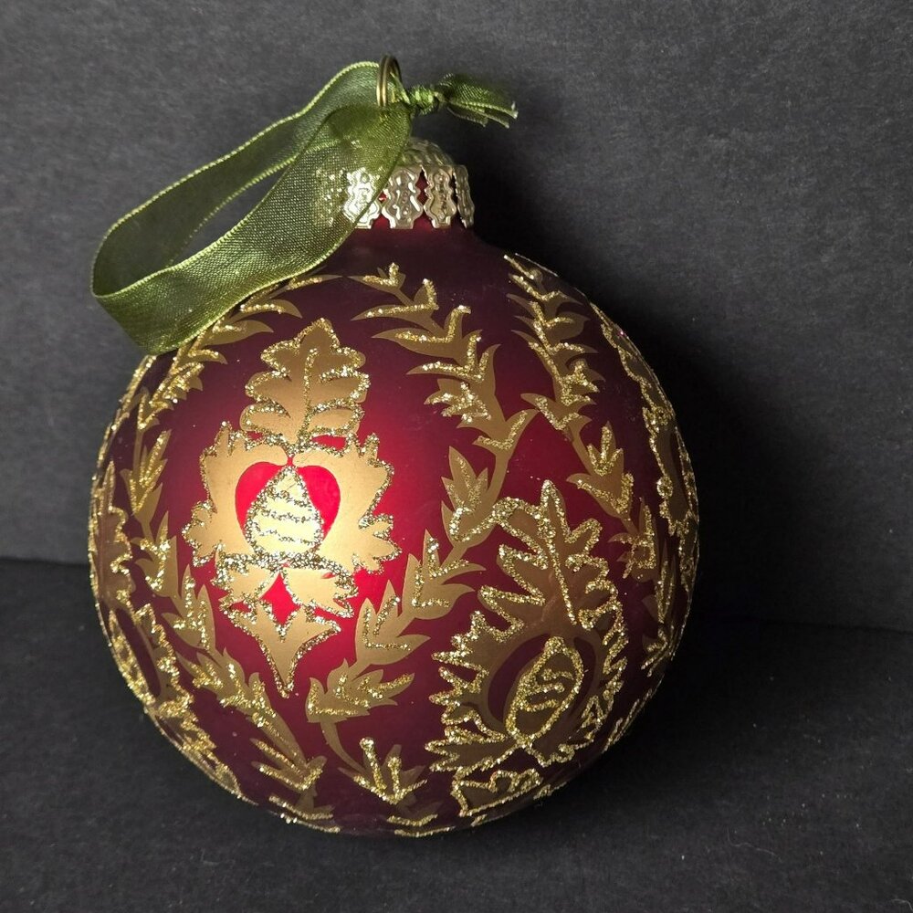 Frontgate Red Gold Glass Christmas Ornament 4" Baroque Leaf Scroll Holiday Decor